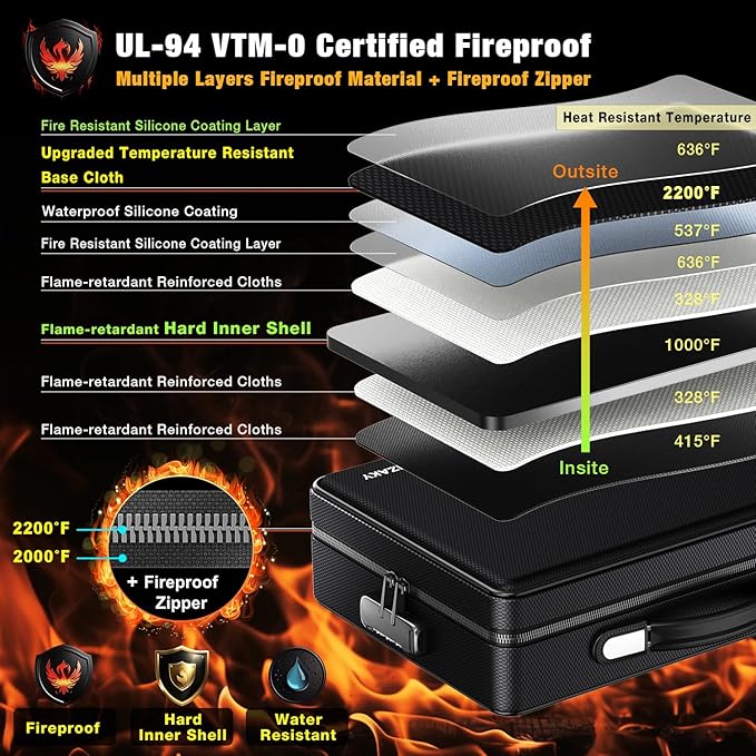 Fireproof Document Box with Fireproof Zipper, Hard Inner Shell Fireproof Document Bag with Lock, Fireproof Water Resistant Important Document Organizer 16 inch Laptop File Briefcase (Black)