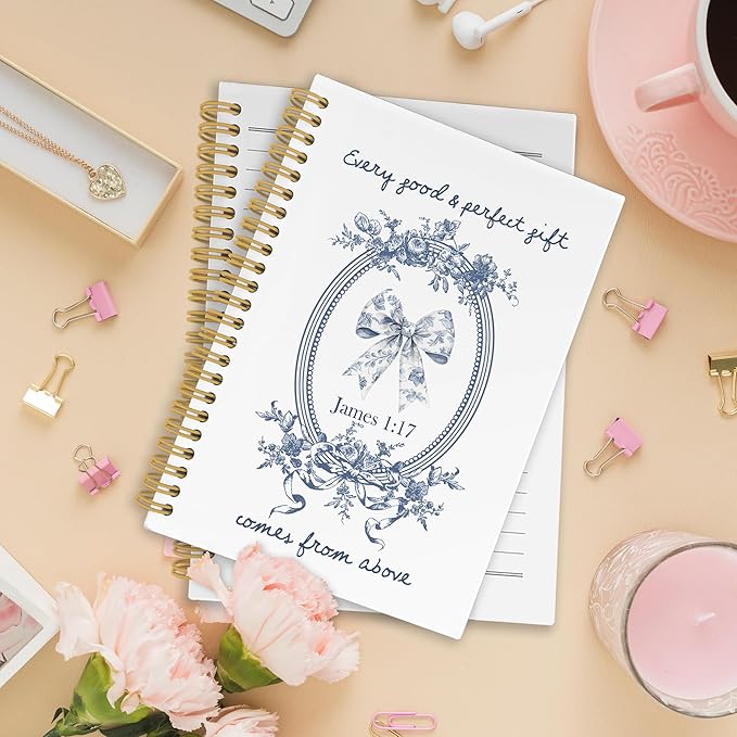 Chinoiserie Bow Christian Spiral Notebook, Vintage Blue and White Porcelain Floral Bible Journaling Notebooks for School, Preppy Girly Hardcover Journals for Women, 160 Pages 5.5 x 8.3 Inch