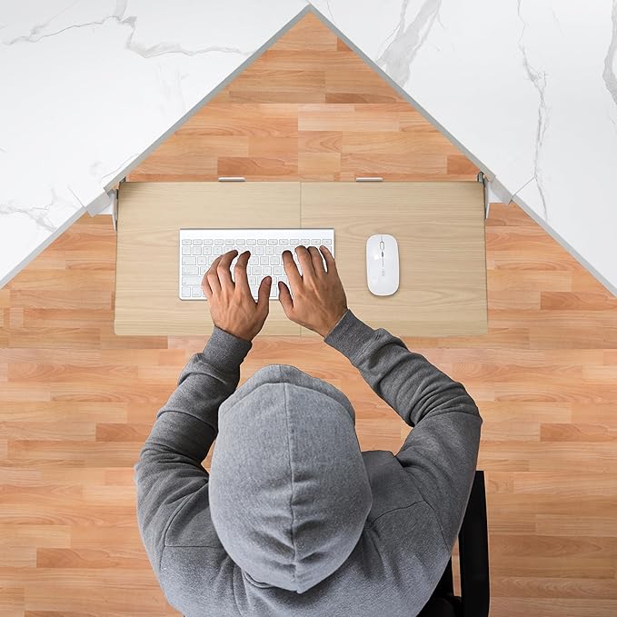 ETHU Keyboard Tray Under Desk, Ergonomic Corner Keyboard Tray with 180° Adjustable C Clamp for L Shape Desk 26.77" X 12.2" Easy to Install, Computer Keyboard Stand for Home and Office(Oak)