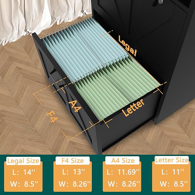 2 Drawer File Cabinet On Wheels & Charging Station, Wood Filing Cabinet with Lock & LED Light, Large Storage Printer Stand for Home Office, Black