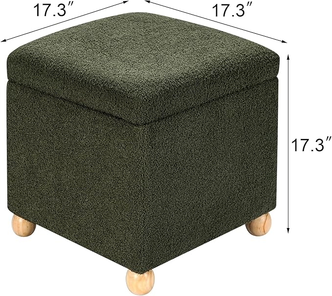 Adeco 17 Inch Soft Dark Green Cube Ottoman Storage, Teddy Velvet Chair Foot Stools, Upholstered Vanity Stool with Hinged Lid, Solid Round Wood Legs