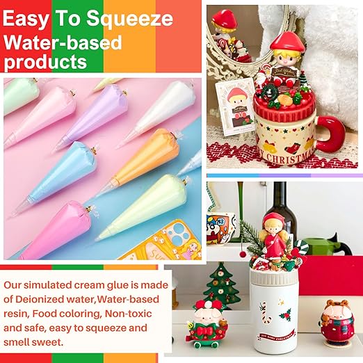 ASTRYAS 10PCS 100g Cream Glue Kit, Decoden Kit, Fake Whipped Cream Glue Clay Frosting with Decorating Tips for Crafts Handmade Phone Case Mirror Jewelry Accessories (Rainbow Theme)