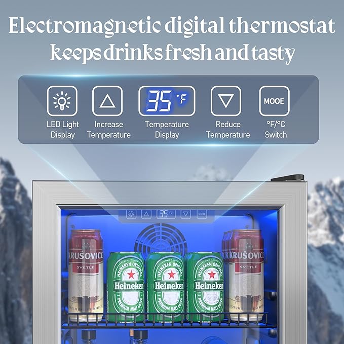 Beverage Refrigerator and Cooler, Freestanding Drink Dispenser for Soda Beer or Wine,90 Can Mini Fridge with Glass Door,Digital Temperature Control,Home, Bar, Office (Silver, 2.48 Cu.Ft)