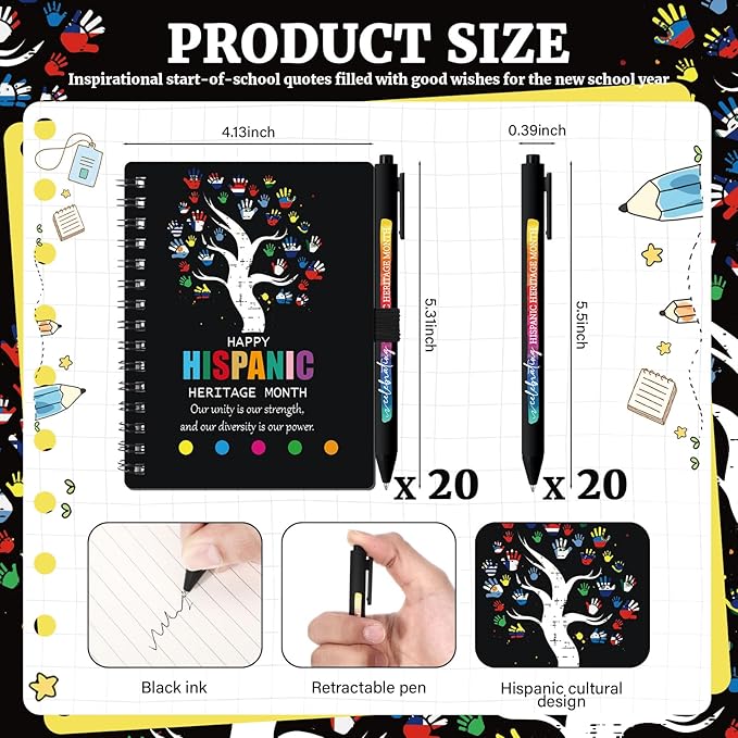 20 Sets Hispanic Heritage Month Gift Hispanic Notebooks with Ballpoint Pens and Sticky Notepad Index Tabs Latin American Spanish Journals Pens Gift for Classroom Teacher Rewards Supplies