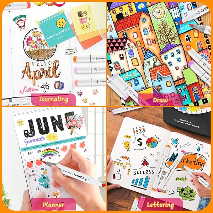 Caliart 61 Colors Pastel Alcohol Markers, Brush & Chisel Dual Tip Pens for Adult Coloring Book, Sketch Permanent Art Set for Easter Eggs Decorations Stuffers Drawing Supplies Gift