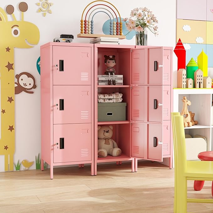 Aobabo 16" W 3 Door Metal Storage Locker with Lock, 47" H Steel Locker with Name Card Holder and Metal Leg for School, Home, Office, Playroom, Assembly Required, Pink