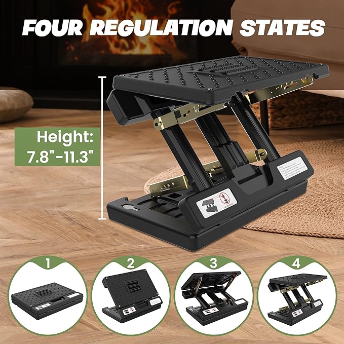 Foot Rest Under Desk, Height Adjustable Footrest with Massage Roller and Soft Pad, Foldable Ergonomic Foot Rest for Car, Underdesk, Home, Train(Black)