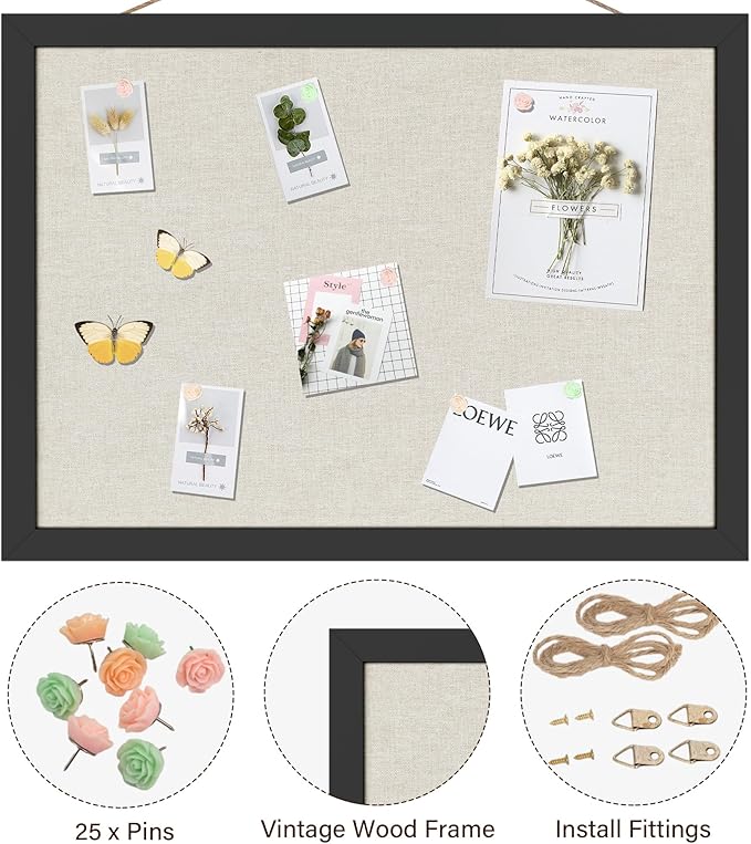 Cork Board Bulletin Board 16.7" x 11", 2-Pack Small Linen Corkboards with Frame for Walls, Cute Picture Display Pin Board Vision Board for Room School Office Bedroom 25 Pushpins Vintage Black