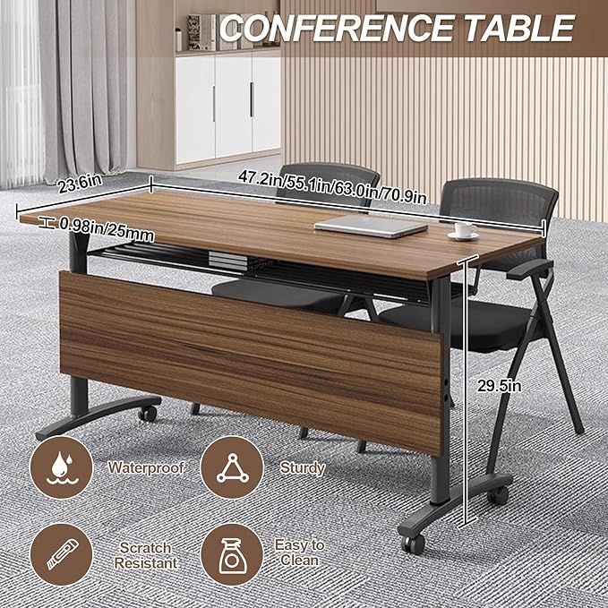 Folding Conference Room Table, Modern Conference Tables with Wheels, Large Rectangular Mobile Training Tables for Office Classroom, Foldable Modular Boardroom Seminar Table Walnut (10pack L70.9in)