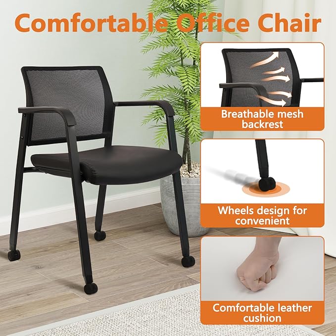 CLATINA Stacking Office Chair with Wheels, Mesh Back Waiting Room Guest Chairs with Arms Comfortable Leather Cushion Stackable Desk Chair for Conference Reception School Side Stationary, Black, 2PK