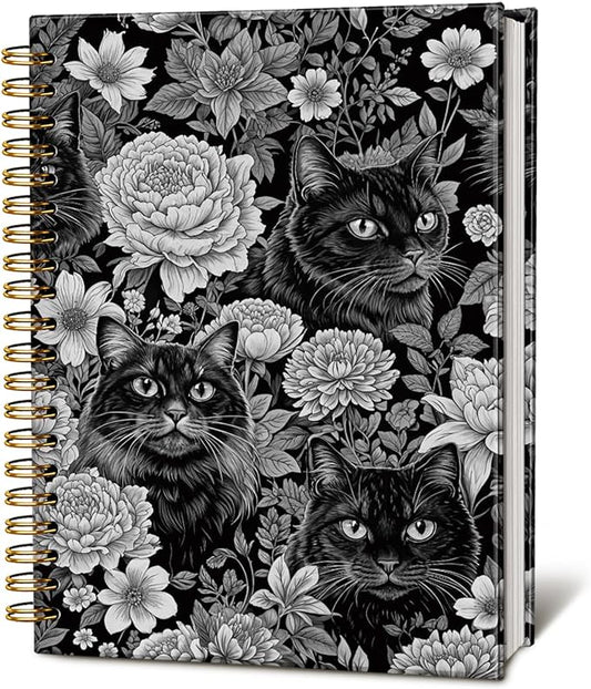 Cat Notebook Journal, Vintage Black White Floral Cats Spiral Notebook for School Supplies, Cat Lover Gifts for Women Men, Black Cat Gifts for Girls 5.5x8.3 Inch