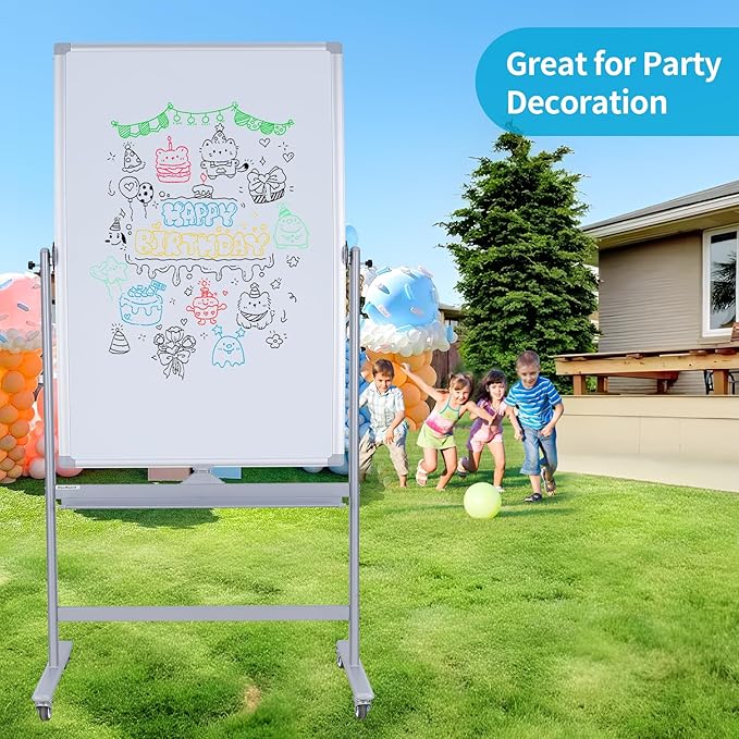 40" x 28" Double-Sided Mobile Whiteboard with Wheels | Rolling Magnetic Dry Erase Board on Stand | Adjustable Height Silver Frame White Board for Office, Classroom & Home