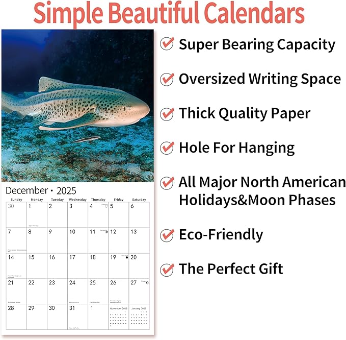 2025 Wall Calendar,Calendar 2025, January 2025 - December 2025, Wall Calendar Shark, 12" x 24" Opened,Full Page Months Thick & Sturdy Paper for Gift Perfect Calendar Organizing & Planning