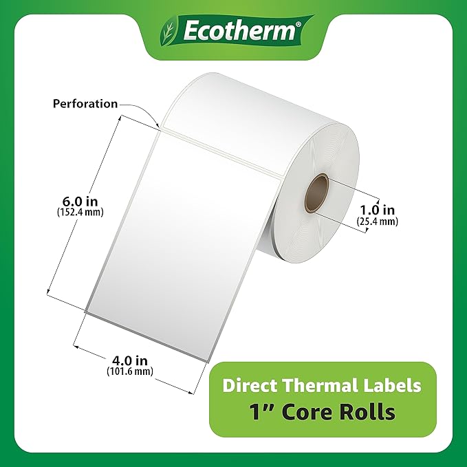4" x 6" Thermal Labels | 4 Rolls | 1100 Labels | fits Zebra, Munbyn, Rollo, Godex, Arkscan, iDPRT, Offnova Thermal Label Printers and More | Blank White Adhesive Stickers by Ecotherm