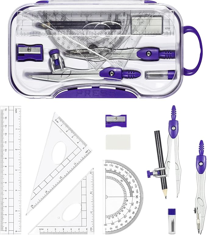 10 Pieces Math Geometry Kit Set Student Supplies with Shatterproof Storage Box,Includes Rulers,Protractor,Compass,Eraser,Pencil Sharpener,Lead Refills,Pencil,for School and Drawings（Purple）