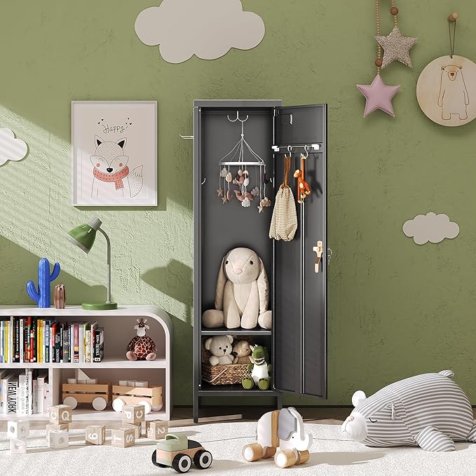 Aobabo Metal Storage Locker with Handle Lock, 54" H Steel Locker with Metal Hooks and Adjustable Shelf for School, Home, Office, Playroom, Assembly Required, Black