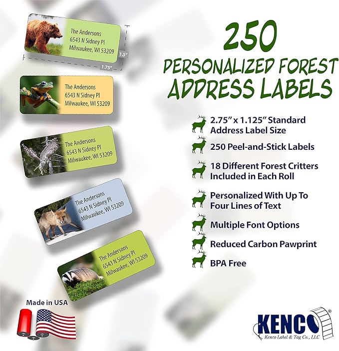 Customized Personalized Address Labels - Made in The USA by Kenco (250 Labels, Forest Wildlife)