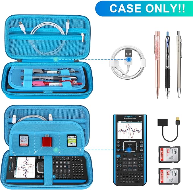 BOVKE Calculator Case for Texas Instruments TI-Nspire CX II CAS/CX II/CX CAS/CX Color Graphing Calculator and More - Extra Mesh Pocket for USB Cables and Other Accessories, Blue