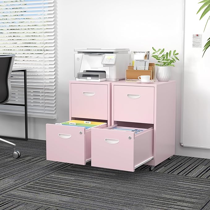 2 Drawer File Cabinet with Lock，Pink Rolling File Cabinet for Home Office, Metal Small Mobile Filing Cabinets on Wheels for Hanging Letter