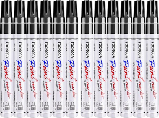 Black Paint Pens Permanent Paint Markers - 12 Pack Oil Based Marking Pens, Medium Point, Quick Drying and Waterproof for Rock Painting Car Tyre Metal, Plastic, Canvas, Wood