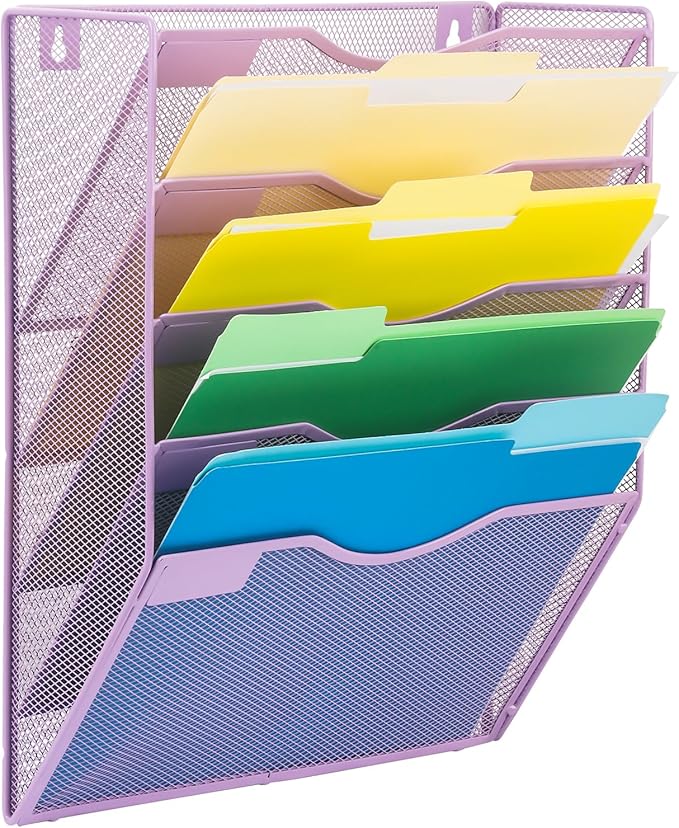 EASEPRES 5 Pocket Mesh Hanging Wall File Organizer, Wall Mounted Mail Paper Document Folder Holder, Clipboard Storage Organization Magazine Rack with Nametag Label for Office Home School, Light Purple