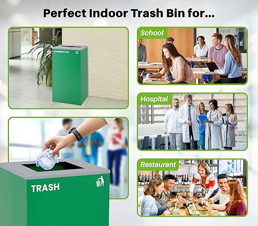 Alpine Commercial Indoor Recycle Bin - 29 Gallon Modern Looking Green Recycle Bin, Office Recycling Bins, Metal Trash and Recycling Container with Stickers & 3 Optional Lids (lid Sold Separately)