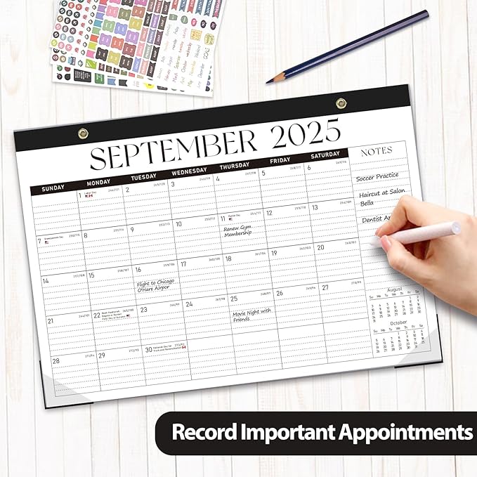 Desk Calendar 2025-2026, Monthly Desktop Large Calendar (July 2025-December 2026) Desk Wall Planner for Family Office Teacher School, 17" x 12" Black-White