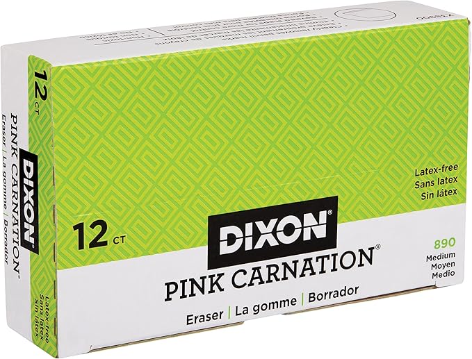Dixon Pink Carnation Wedge Erasers, Medium, Pink, 2" x .75", 12-Pack (38900)