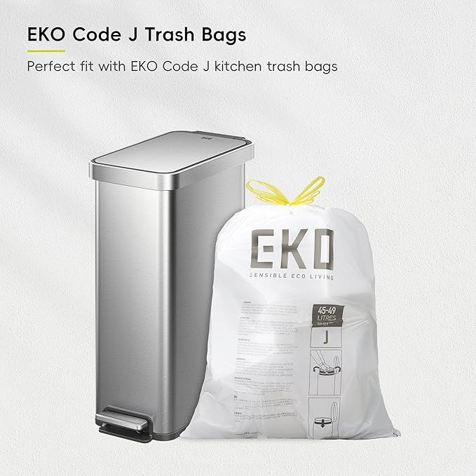 EKO Hudson Slim 50L / 13.2 Gallon Kitchen Trash Can with Lid, Stainless Steel Step Garbage Can for Kitchen or Home, Space-Saving Garbage Can with Soft Close Lid, Stay-Open, Liner Ring, Handle