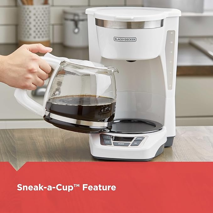 BLACK+DECKER 12-Cup Digital Coffee Maker, CM1160W, Programmable, Washable Basket Filter, Sneak-A-Cup, Auto Brew, Water Window, Keep Hot Plate, White