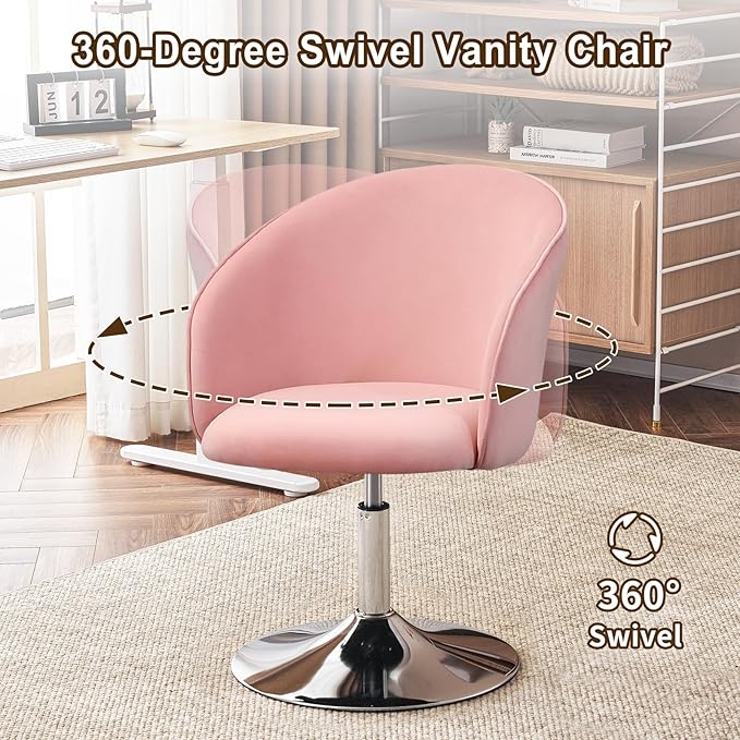 Furnimart Velvet Vanity Chair with Chrome Frame, Height Adjustable & Swivel, Pink - Living Room, Bedroom, Office
