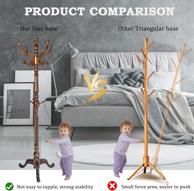 Coat Racks FreeStanding with 11 Hooks, Natural Wood Coat Rack with Tri-Legged Base, Adjustable Height Coat Racks, Easy Assembly for Hallway, Bedroom and Office (Walnut-Tri-Legged Base)