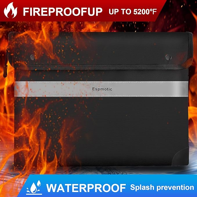 Fireproof Document Bag – 5200°F Heat-Resistant, 14.2" x 10.6" Waterproof Money Pouch with 8-Layer Protection, Zipper and Snap Closure, Reflective Strip for Quick Access, Black