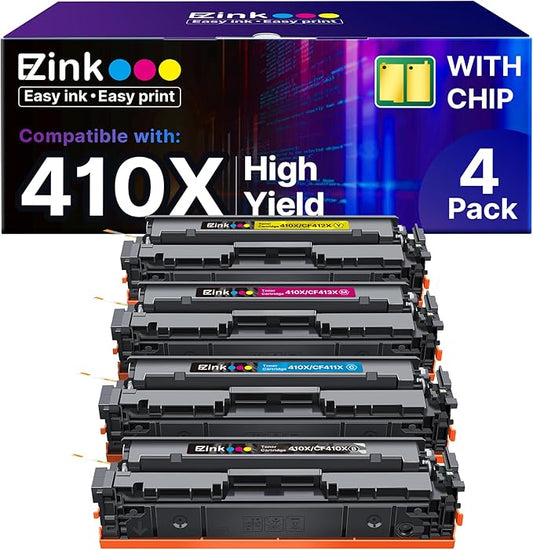 E-Z Ink 410X Toner Cartridges Compatible for HP 410X 410A CF410X CF411X CF412X CF413X to Use with HP Color Laserjet Pro MFP M477fdw M477fdn M477fnw Pro M452dn M452nw M452dw (with Chip -B/C/Y/M)