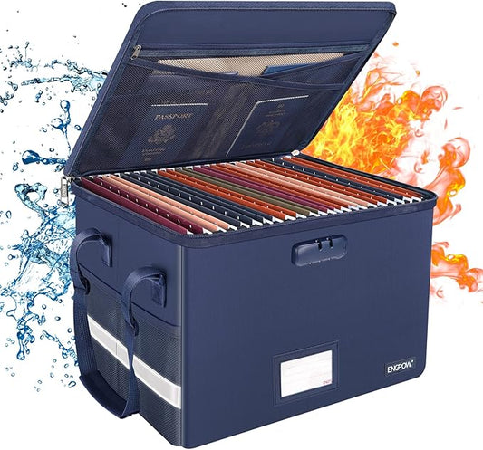 ENGPOW File Box with Lock, Fireproof Document Box with Zipper＆Pockets, Collapsible File Organizer Filing Storage Cabinet with Handle, Portable Home Office Safe for Hanging Letter/Legal Folder, Blue