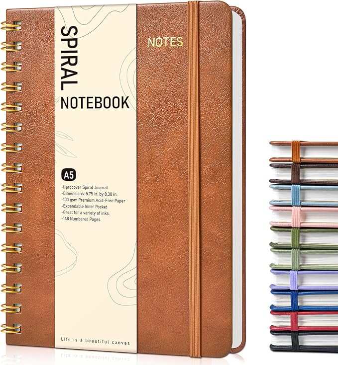 Graph Spiral Journal Notebook, A5 Hardcover Spiral Journals for Women Men, 100 GSM Graph Paper Notebooks, 150 Pages Spiral Bound Grid Notebook for Writing Note Taking Work 5.75" x 8.38", Brown