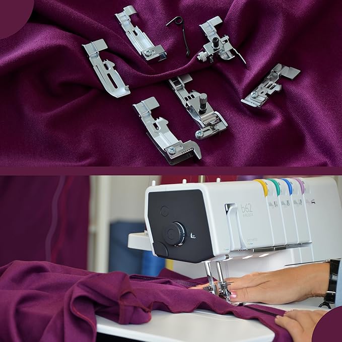 Bernette B62 Airlock Coverstitch Machine Bundle | Air Threader, Scissors, Rotary Cutter, Threads, Self Healing Foldable Cutting Mat, LED Light, Extension Table | Heavy Duty, Beginner to Professional