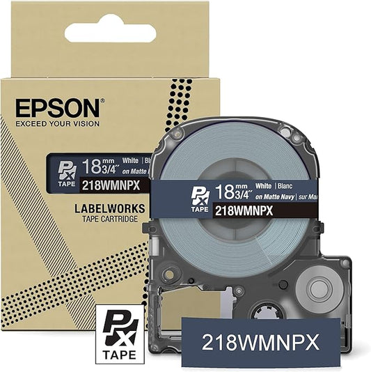 Epson LABELWORKS 218WMNPX Genuine PET (Polyester) Tape Cartridge - White on Matte Navy Designer Craft Label Maker Tape - 3/4" (18MM) Wide, 26'