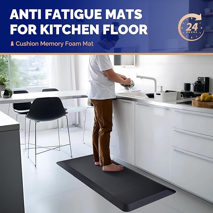 FEATOL 2 Packs Anti Fatigue Mat for Kitchen Floor Thick Cushioned Standing Desk Mat, Ergonomic Kitchen Mats Set of 2, Memory Foam Comfort Floor Mat Padded Foam Rugs, Non-Slip (20" x 39", Black)