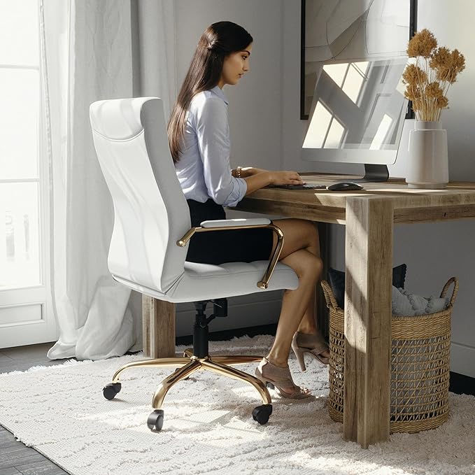 Flash Furniture Whitney Mid-Back Swivel LeatherSoft Desk Chair with Padded Seat and Armrests, Adjustable Height Padded Office Chair, 27"D x 26"W x 43"H, White/Gold