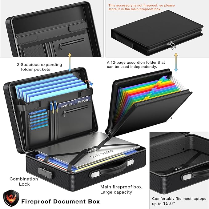 Fireproof Document Box with Fireproof Zipper, Hard Inner Shell Fireproof Document Bag with Lock, Fireproof Water Resistant Important Document Organizer 16 inch Laptop File Briefcase (Black)