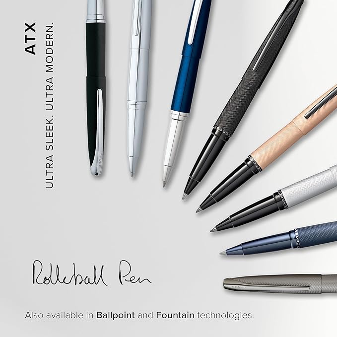 Cross ATX Refillable Rollerball Pen Presented in a Luxury Gift Box - Medium Point, Black Ink, Pure Chrome