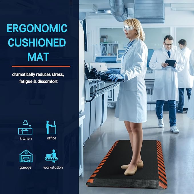 FEATOL Anti Fatigue Mats Industrial 2 Packs, Ergonomic Standing Floor Mat for Work for Stand, Black with Orange Border Safety 20" x 39"-Support for Leg & Back Pain
