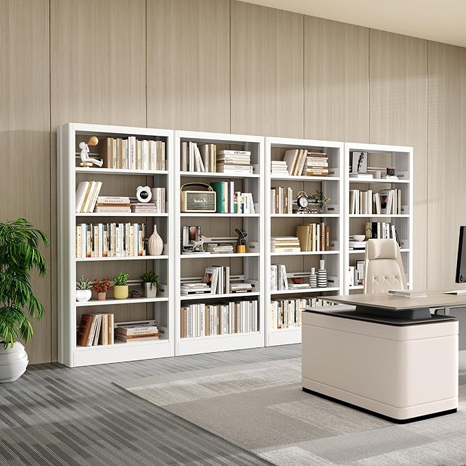 5-Tier Bookcase with Adjustable Storage Shelves, Metal Bookshelf with Book Stopper, Bookcase Shelf for Library, Office, Living Room (White(1 Column,3 Combination Bookshelves))