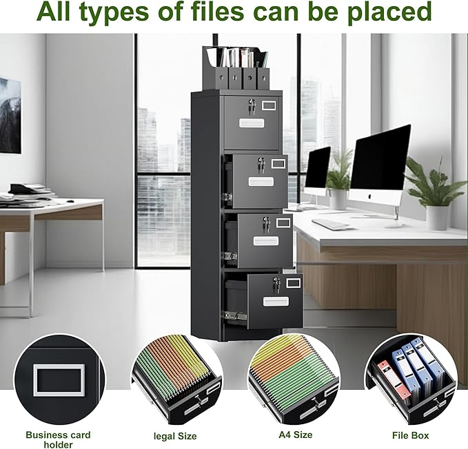 Aobabo 4 Drawer File Cabinet, Metal Filing Cabinet with Lock, Suitable for Home Office School Hanging Files Letter/Legal/A4 Size,Black,Required-Assembly,17.72" D x 14.96" W x 55.2" H