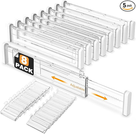 HiYZ Expandable Drawer Dividers with Inserts - Adjustable Drawer Organizers Separators for Kitchen, Bedroom, Dresser, Office, 8 Long Dividers(12.6-22.8 IN) with 16 Inserts(3.9-7.1 IN) - Clear