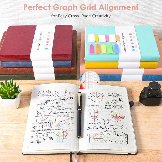 Graph Paper Notebook, 312 Numbered Pages Large A5 Hardcover Leather Journal, 100gsm No Bleed Grid Paper Notebook with Index Pages, Grid Notebook for Graphing Notes Math, 5.75" x 8.38", Pink