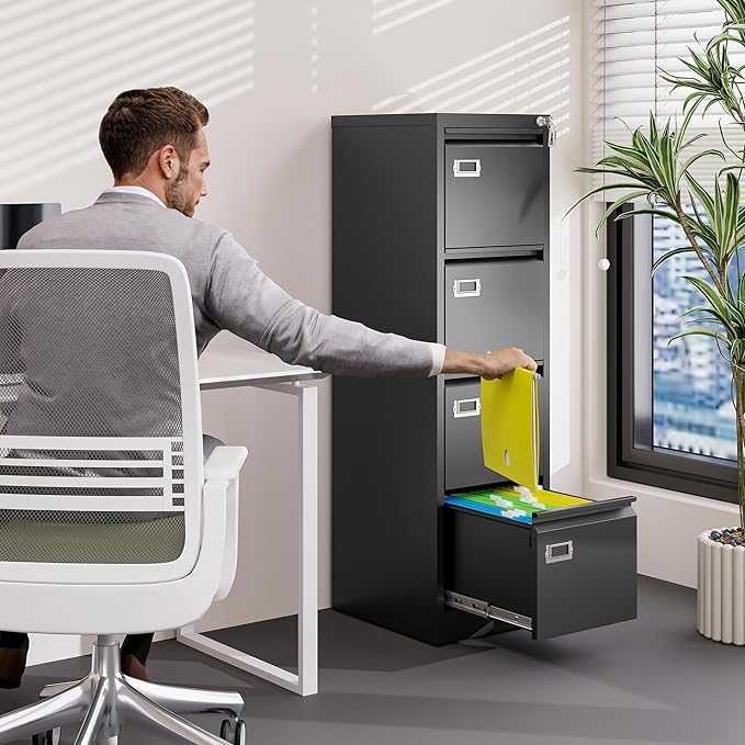4 Drawer File Cabinet with Lock Metal Vertical File Cabinet Office Home Vertical File Cabinet for A4 Legal/Letter Size Narrow File Cabinet Locked,Assembly Required (Black, 4 Drawers- Vertical)