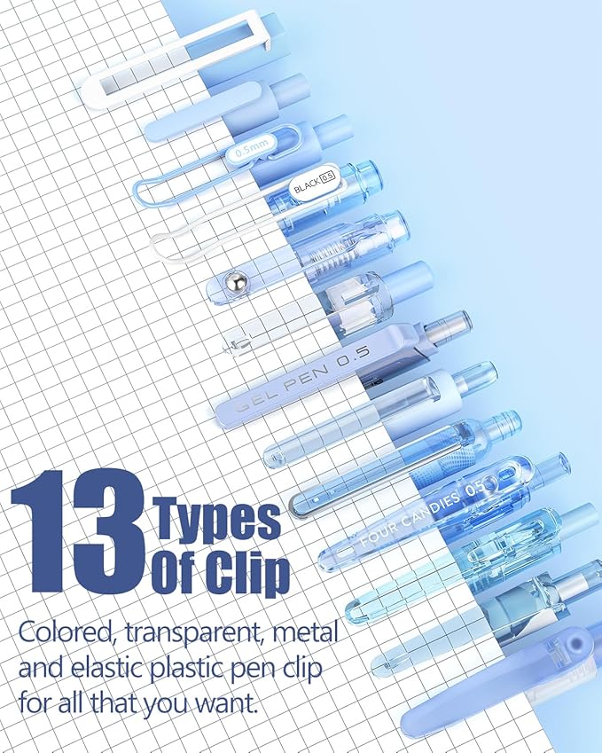 Four Candies 14Pack Pastel Gel Ink Pen Set,Cute Retractable 0.5mm Fine Point Pen,Note Taking Aesthetic Pens,12 Pack Black Ink Pens with 2Pack Highlighter, Smooth Writing Pens for School, Office (Blue)