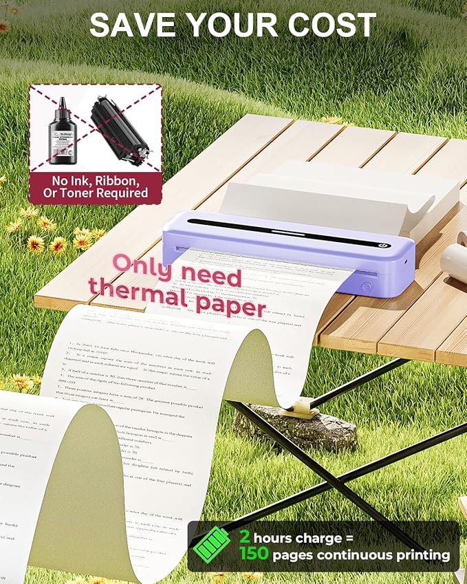 COLORWING Portable Printers Wireless for Travel, 300DPI Mini Compact Inkless Printer, Thermal Bluetooth Printer Compatible with Android and iOS Smartphone & Tablet & Laptop - Purple